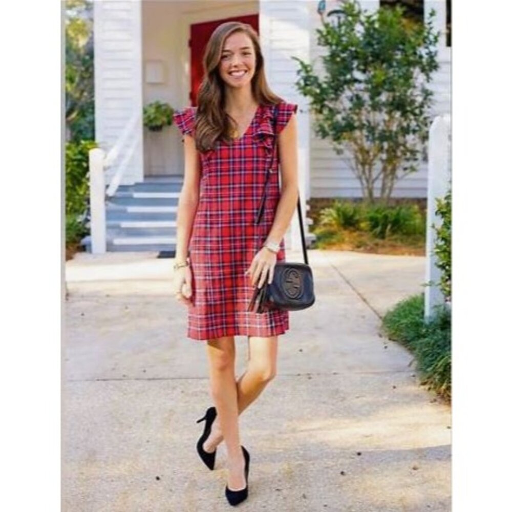 Draper James Angie Shift Dress Womens 12 Red Check Preppy Holiday Career